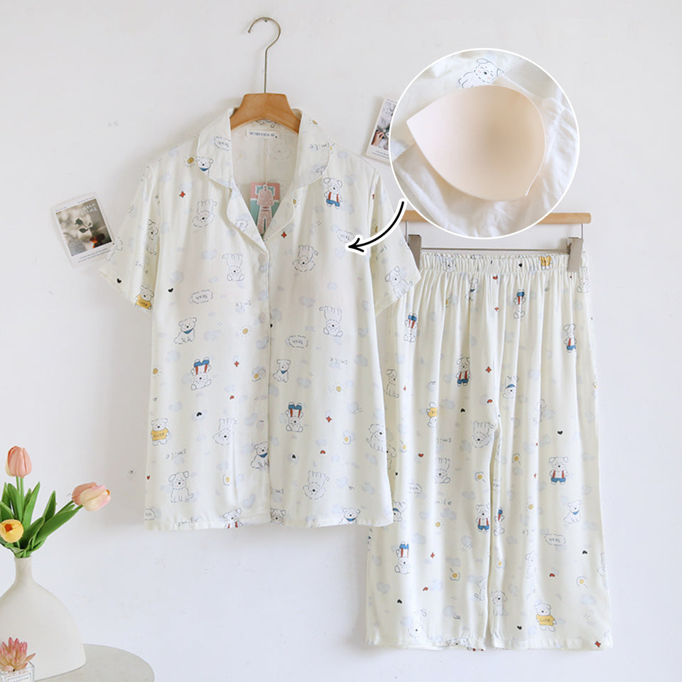 ชุดนอน Muslin Pajamas Organic bamboo รุ่นPuppy Day(A1044 E1044 B1044)|ชุดนอนมีบราในตัว,ชุดนอนผู้หญิง