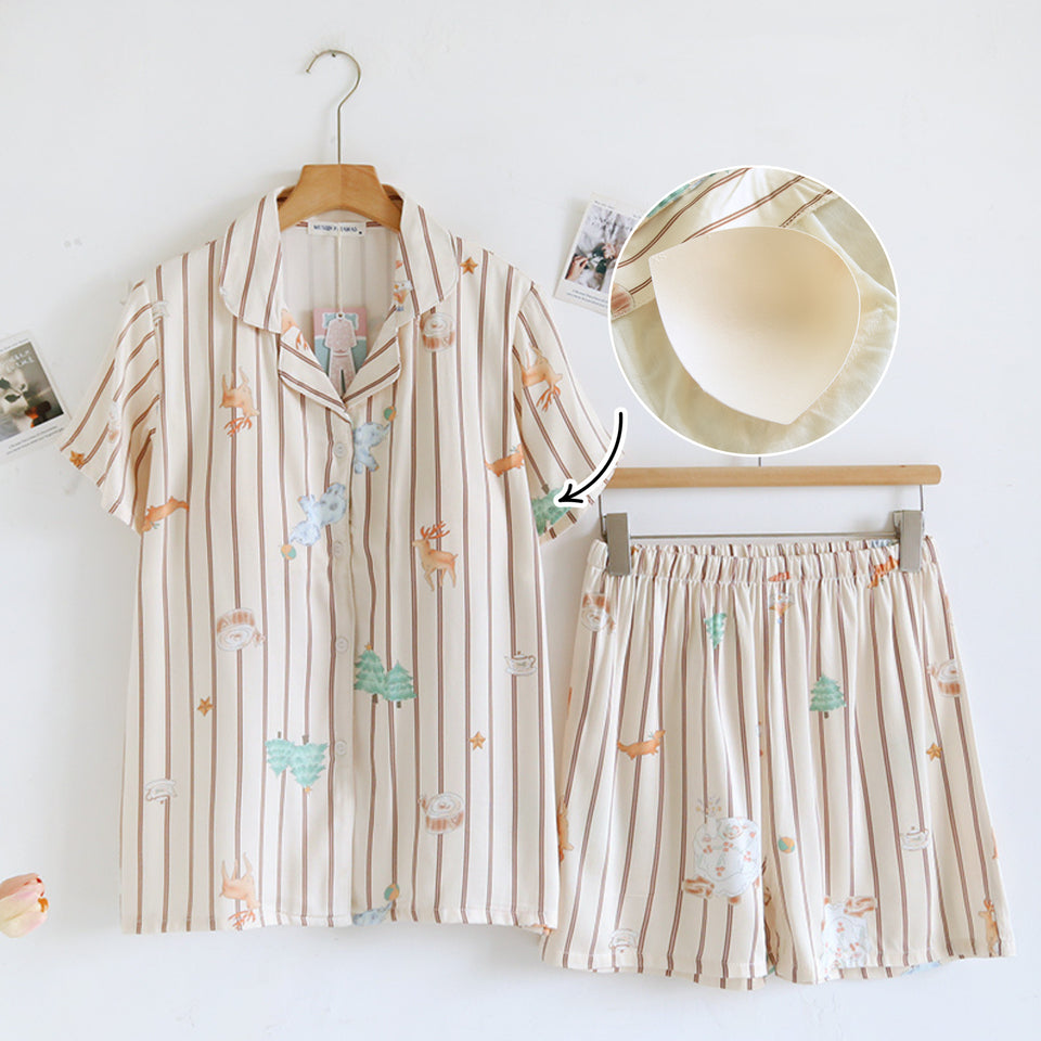 ชุดนอน Muslin Pajamas Organic bamboo รุ่นChirsmas Friends(A1043 E1043 B1043)|ชุดนอนมีบรา