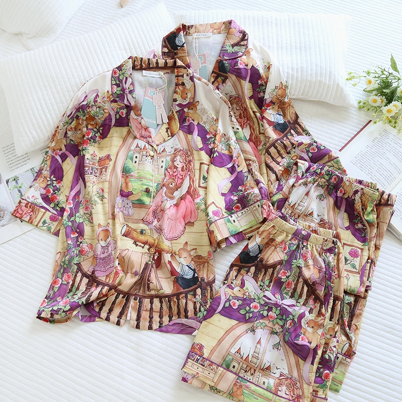 ชุดนอน Muslin pajamas Silk Satin รุ่น Starry Bunny (W2154 V2154) ชุดนอนผู้หญิง ชุดเที่ยว
