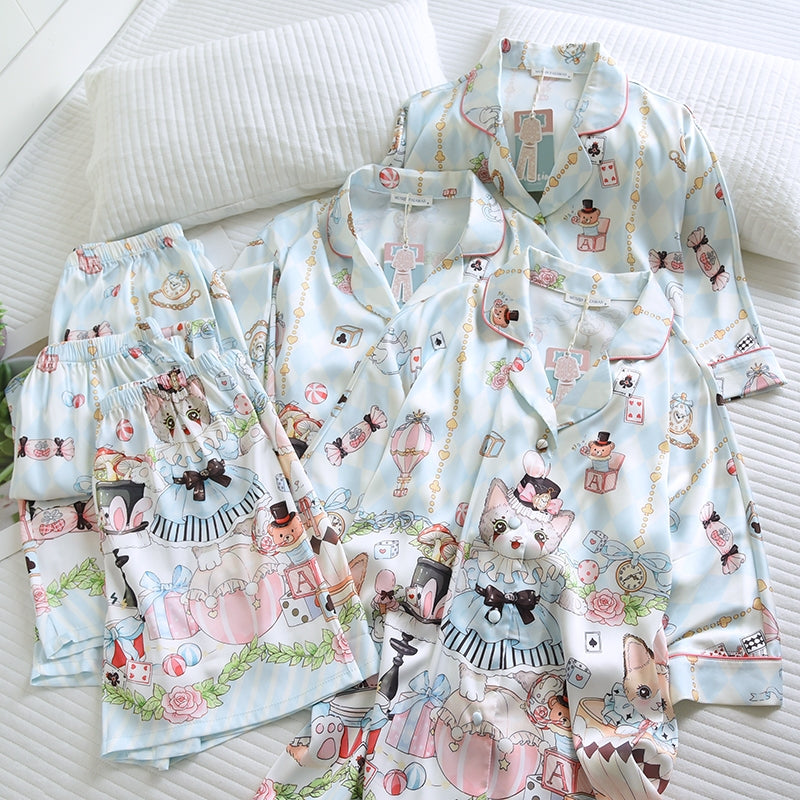ชุดนอน Muslin Pajamas Silk Satin รุ่น Wonderland Kitty (W2171 V2171 L2171) | ชุดนอนผู้หญิง,ชุดเที่ยว