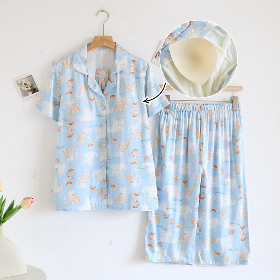 ชุดนอน Muslin Pajamas Organic bamboo รุ่นPony Cafe(A1038 E1038 B1038)|ชุดนอนมีบราในตัว,ชุดนอนผู้หญิง