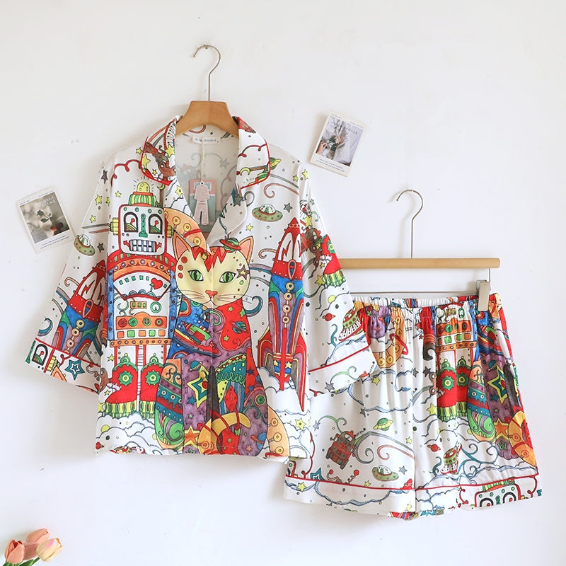ชุดนอน Muslin Pajamas Silk Satin Rocket cat Fantasy (V2155 W2155) | ชุดนอนชุดเที่ยว, ชุดนอนผู้หญิง