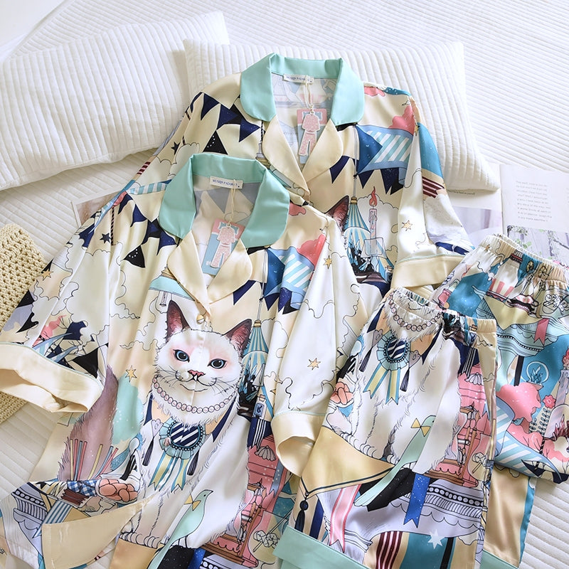 ชุดนอน Muslin Pajamas Silk Satin รุ่น Lunar Cat (W2170 V2170) | ชุดนอนชุดเที่ยว,ชุดนอนผู้หญิง