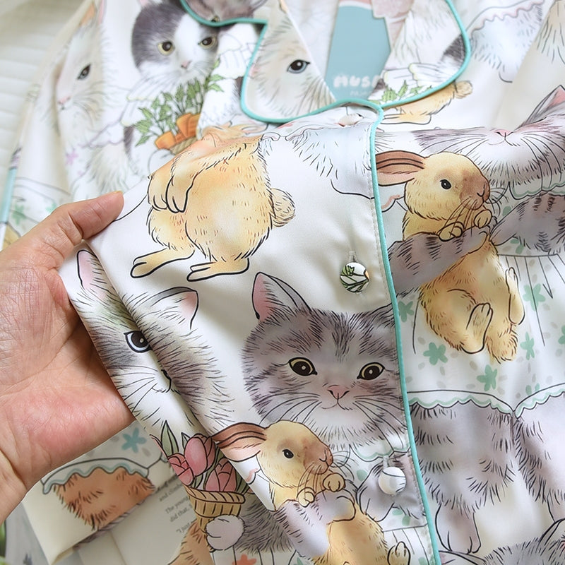 ชุดนอน Muslin Pajamas Silk Satin รุ่น Bunny&Kitty Bloom (W2164 V2164) |ชุดนอนชุดเที่ยว,ชุดนอนผู้หญิง