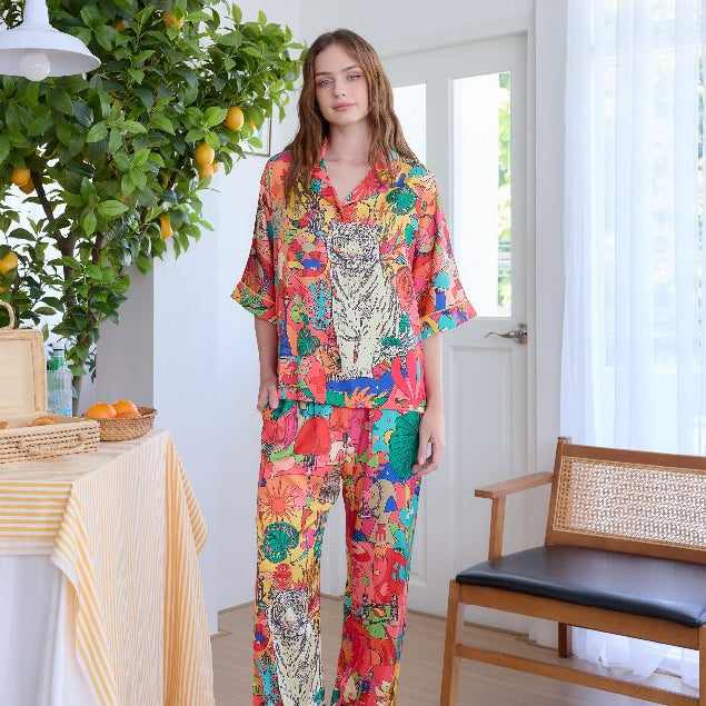 ชุดนอน Muslin Pajamas Silk Satin รุ่น Jungle Pop Tiger (W2161 V2161)| ชุดนอนชุดเที่ยว,ชุดนอนผู้หญฺิง