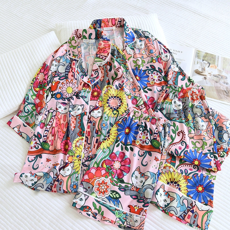 ชุดนอน Muslin Pajamas Silk Satin รุ่น Garden Cats (W2185 V2185) | ชุดนอนชุดเที่ยว,ชุดผู้หญิง
