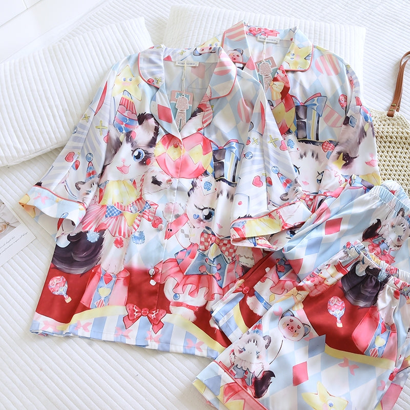 ชุดนอน Muslin Pajamas Silk Satin รุ่นWhimsical Kitty Show(W2157 V2157)|ชุดนอนผู้หญิง,ชุดนอนชุดเที่ยว