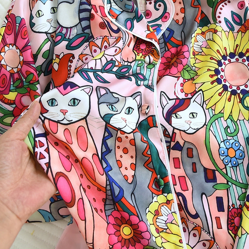 ชุดนอน Muslin Pajamas Silk Satin รุ่น Garden Cats (W2185 V2185) | ชุดนอนชุดเที่ยว,ชุดผู้หญิง