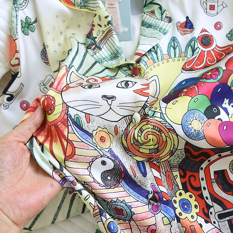ชุดนอน Muslin Pajamas Silk Satin รุ่น Lucky Cat of Brightness (W2177 V2177) | ชุดนอนชุดเที่ยว