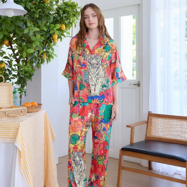 ชุดนอน Muslin Pajamas Silk Satin รุ่น Jungle Pop Tiger (W2161 V2161)| ชุดนอนชุดเที่ยว,ชุดนอนผู้หญฺิง