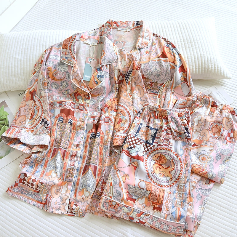 ชุดนอน Muslin Pajamas Silk Satin รุ่น Golden Mosaic (W2181 V2181) | ชุดนอนชุดเที่ยว,ชุดนอนผู้หญิง