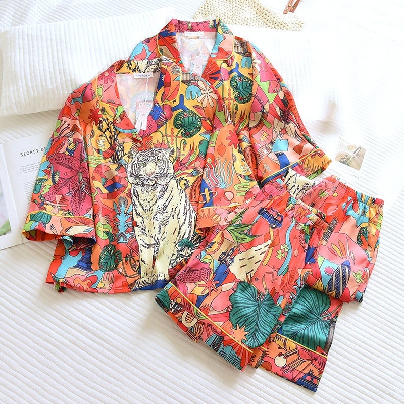ชุดนอน Muslin Pajamas Silk Satin รุ่น Jungle Pop Tiger (W2161 V2161)| ชุดนอนชุดเที่ยว,ชุดนอนผู้หญฺิง