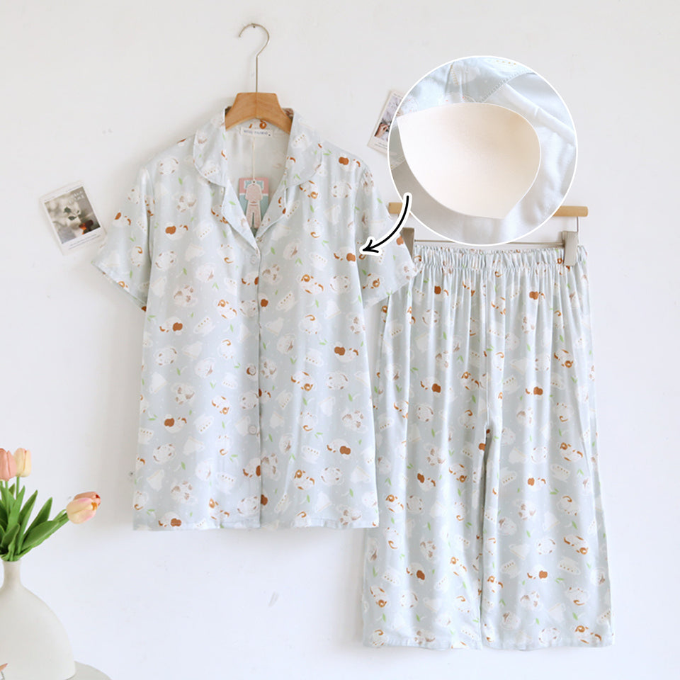 ชุดนอน Muslin Pajamas Organic bamboo รุ่นMilky Cats(A1037 E1037 B1037)|ชุดนอนมีบรา,ชุดนอนผู้หญิง