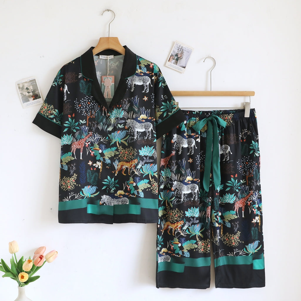 ชุดนอน Muslin Pajamas Silk Satin รุ่น Greenery Zoo (N2145 T2145 L2145) | ชุดนอนชุดเที่ยว