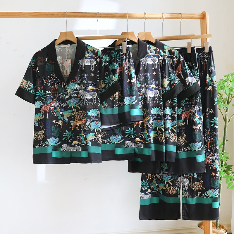 ชุดนอน Muslin Pajamas Silk Satin รุ่น Greenery Zoo (N2145 T2145 L2145) | ชุดนอนชุดเที่ยว