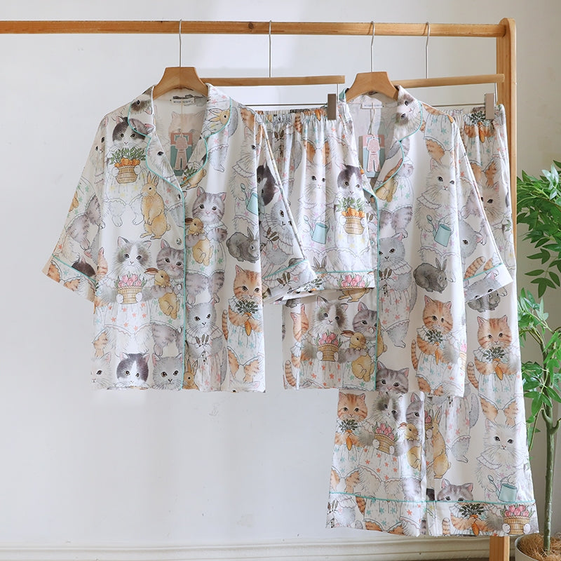 ชุดนอน Muslin Pajamas Silk Satin รุ่น Bunny&Kitty Bloom (W2164 V2164) |ชุดนอนชุดเที่ยว,ชุดนอนผู้หญิง