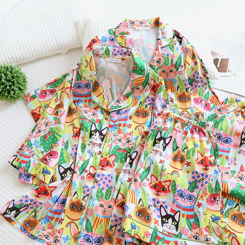 ชุดนอน Muslin Pajamas Silk Satin รุ่น Meow Fiesta (W2168 V2168) | ชุดนอนชุดเที่ยว ชุดผู้หญิง