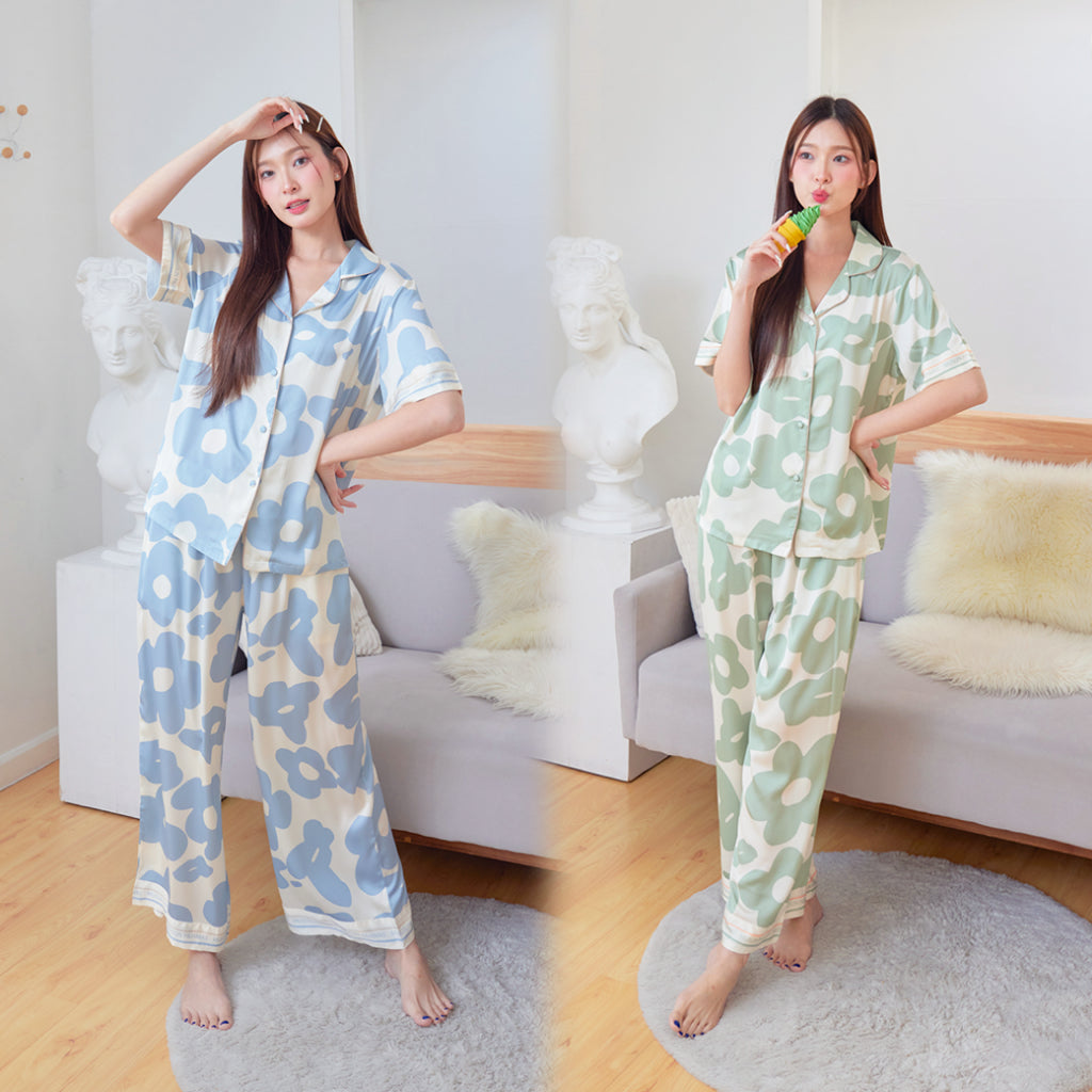 ชุดนอน Muslin Pajamas Silk Satini รุ่น Flower (1016 1017) | ชุดนอนชุดเที่ยว,ชุดนอนผู้หญิง