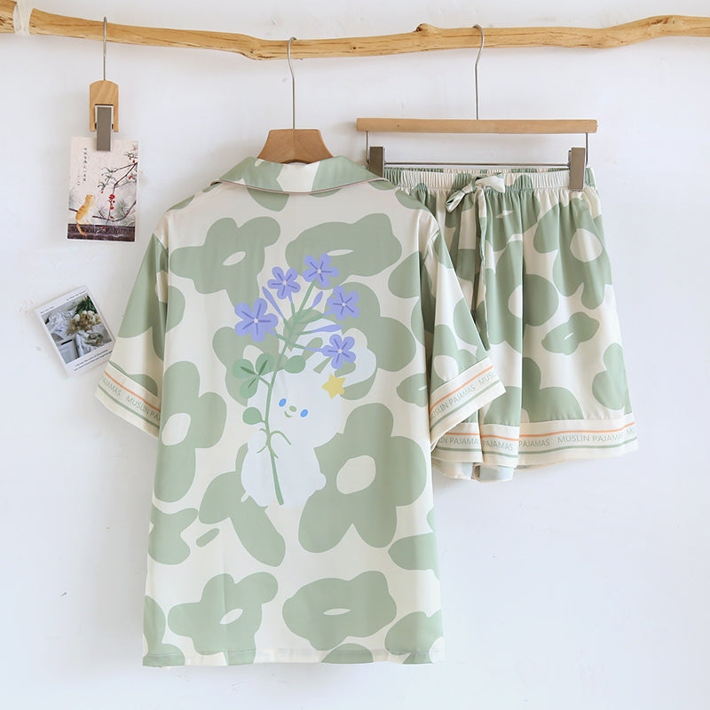 ชุดนอน Muslin Pajamas Silk Satini รุ่น Flower (1016 1017) | ชุดนอนชุดเที่ยว,ชุดนอนผู้หญิง