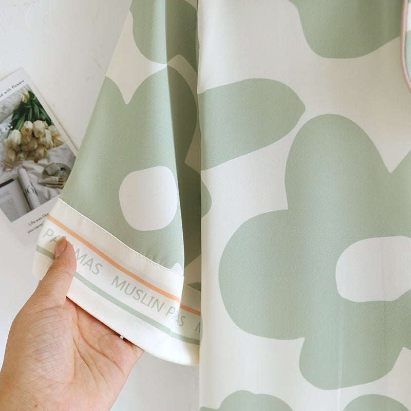 ชุดนอน Muslin Pajamas Silk Satini รุ่น Flower (1016 1017) | ชุดนอนชุดเที่ยว,ชุดนอนผู้หญิง
