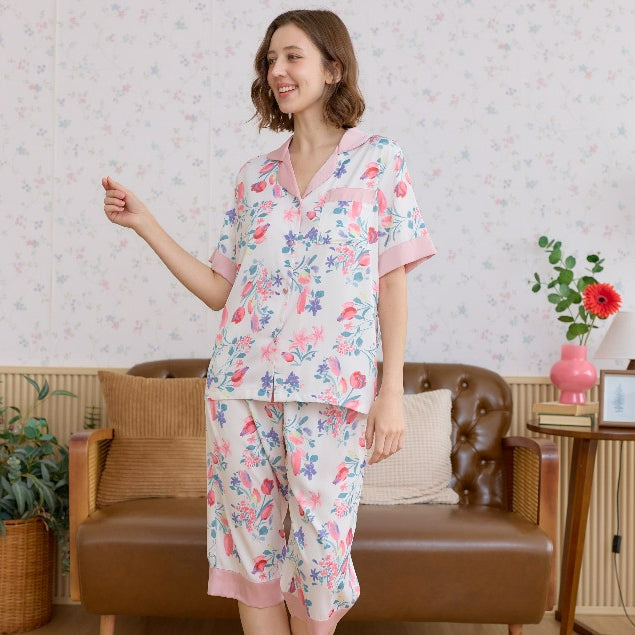 ชุดนอน Muslin Pajamas Silk Satin รุ่น Rose white (L800 N800 T800)| ชุดนอนผู้หญิง