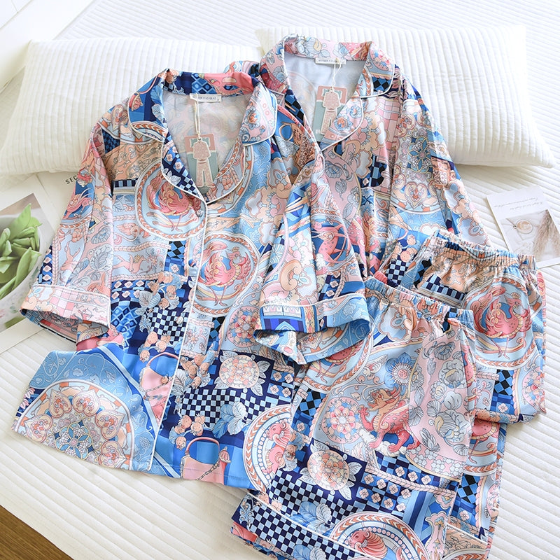 ชุดนอน Muslin Pajamas Silk Satin รุ่น Ocean Mosaic (W2182 V2182) | ชุดนอนชุดเที่ยว,ชุดนอนผู้หญิง