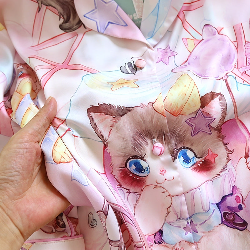 ชุดนอน Muslin Pajamas Silk Satin รุ่น Candy Cat (W2158 V2158) | ชุดนอนผู้หญิง