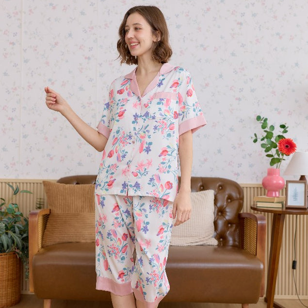 ชุดนอน Muslin Pajamas Silk Satin รุ่น Rose white (L800 N800 T800)| ชุดนอนผู้หญิง