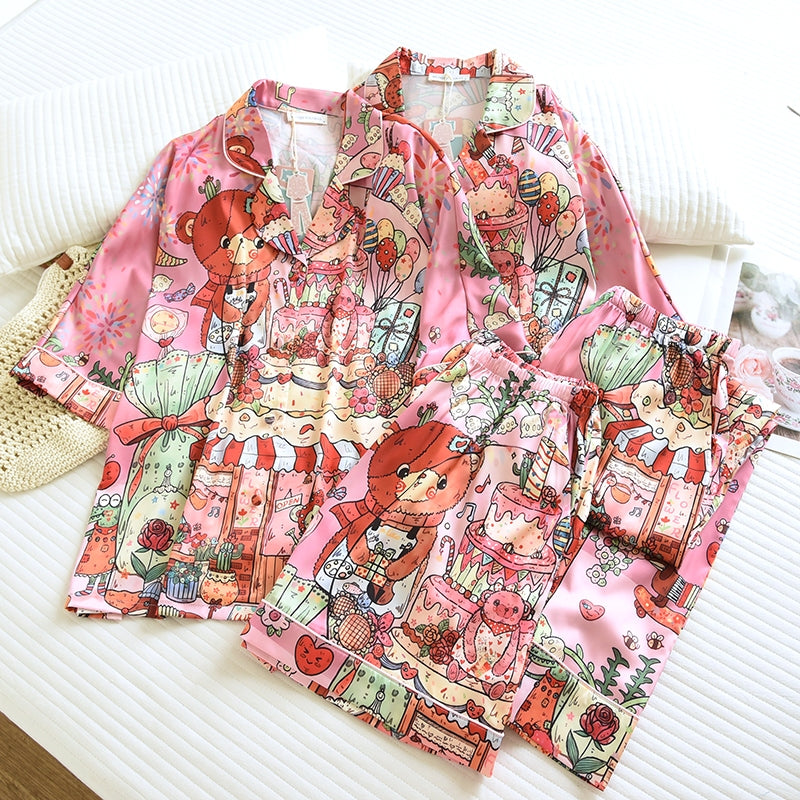ชุดนอน Muslin Pajamas Silk Satin รุ่น Sweet Bear Bakery (W2175 V2175) |ชุดนอนชุดเที่ยว,ชุดนอนผู้หญิง