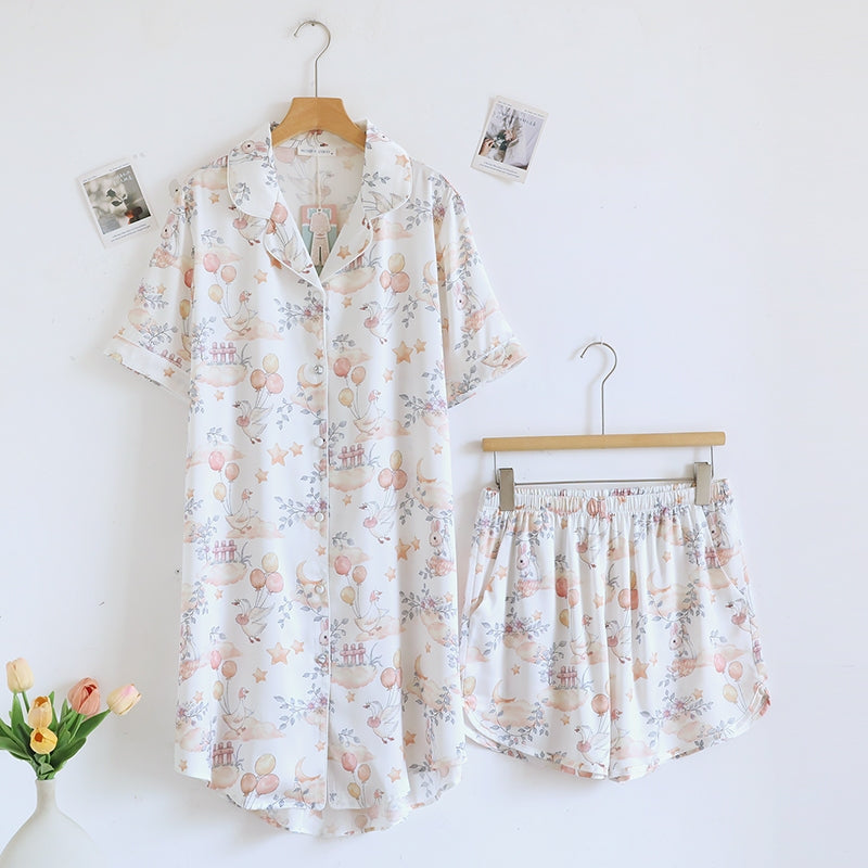 ชุดนอน Muslin Pajamas Silk Satin รุ่น Dreamy Goose Garden (N5153 T5153 K5153) | ชุดนอนผู้หญิง