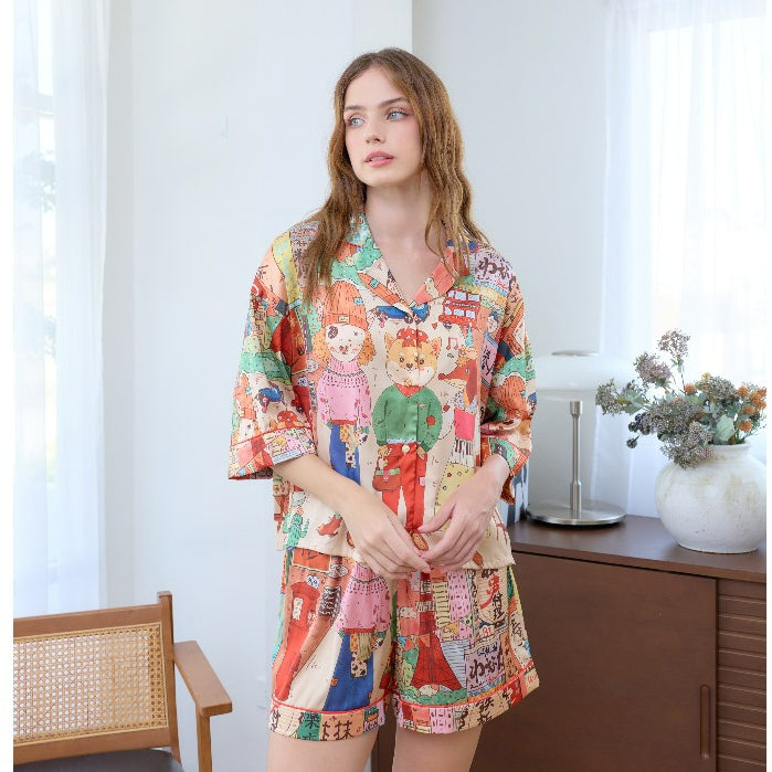 ชุดนอน Muslin Pajamas Silk Satin รุ่น Anime Street Dreams (W2123 V2123 L2123) | ชุดนอนชุดเที่ยว