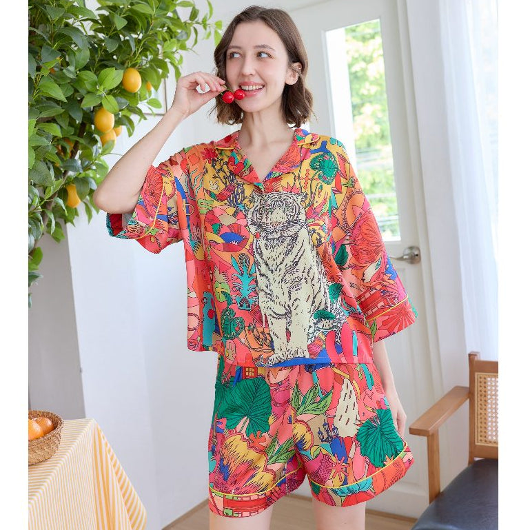 ชุดนอน Muslin Pajamas Silk Satin รุ่น Jungle Pop Tiger (W2161 V2161)| ชุดนอนชุดเที่ยว,ชุดนอนผู้หญฺิง