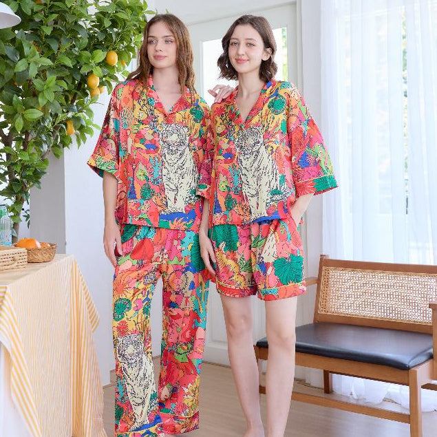 ชุดนอน Muslin Pajamas Silk Satin รุ่น Jungle Pop Tiger (W2161 V2161)| ชุดนอนชุดเที่ยว,ชุดนอนผู้หญฺิง