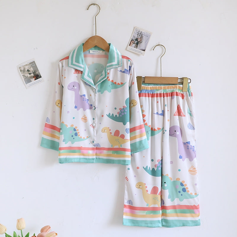 ชุดนอน Muslin Pajamas Silk Satin รุ่น Happy dino Pastel(N5150 T5150 M5150) | ชุดนอนแม่ลูก,ชุดผู้หญิง