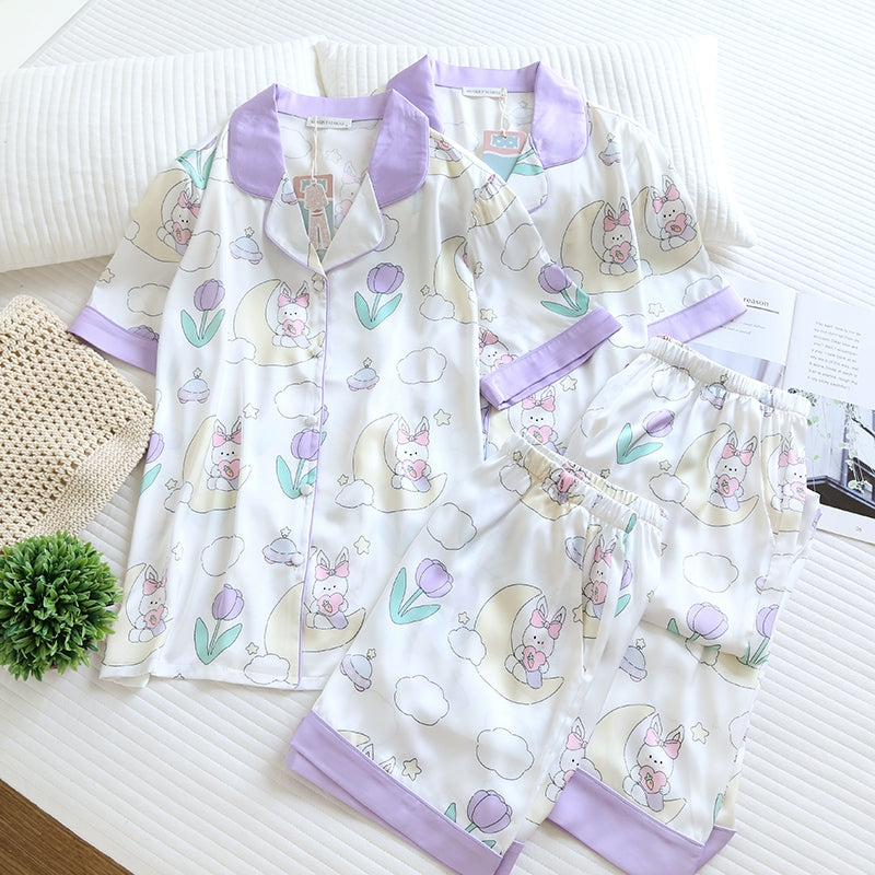ชุดนอน Muslin Pajamas Silk Satin รุ่น Moon Bunny Dreams (N5142 T5142) | ชุดนอนผู้หญิง