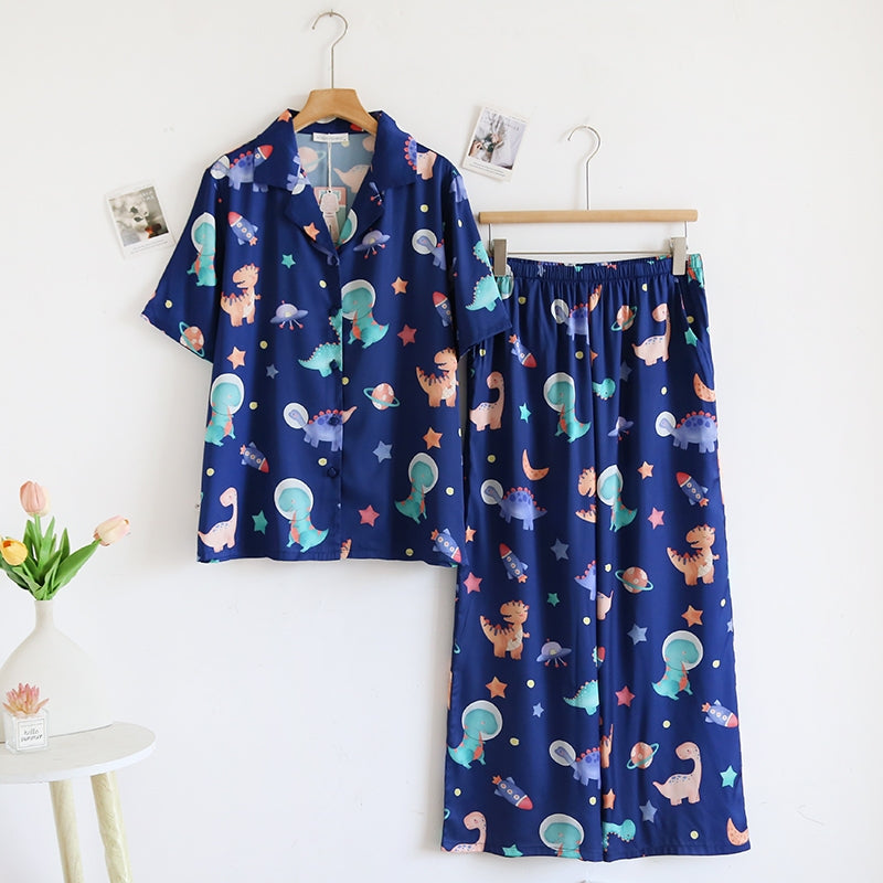 ชุดนอน Muslin Pajamas Silk Satin รุ่นMidnight Dino ( N5123 T5123 M5123 ) | ชุดนอนแม่ลูก