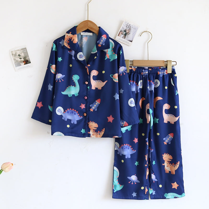 ชุดนอน Muslin Pajamas Silk Satin รุ่นMidnight Dino ( N5123 T5123 M5123 ) | ชุดนอนแม่ลูก