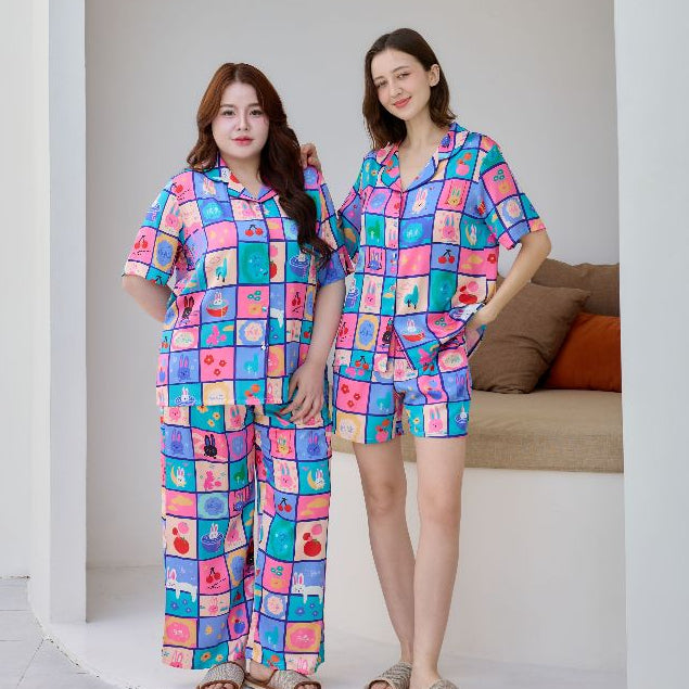 ชุดนอน Muslin Pajamas Silk Satin รุ่น Bunny Blocks (N5148 T5148) | ชุดนอนชุดเที่ยว,ชุดผู้หญิง