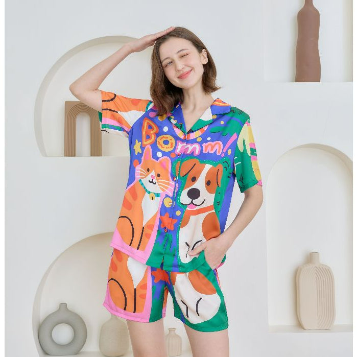 ชุดนอน Muslin Pajamas Silk Satin รุ่น Bright Buddy Boom (N5149 T5149) | ชุดนอนชุดเที่ยว,ชุดผู้หญิง