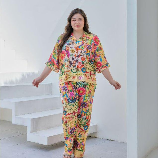 ชุดนอน Muslin Pajamas Silk Satin รุ่น Vintage golden cat (W2178 V2178) | ชุดนอนชุดเที่ยว