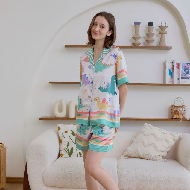 ชุดนอน Muslin Pajamas Silk Satin รุ่น Happy dino Pastel(N5150 T5150 M5150) | ชุดนอนแม่ลูก,ชุดผู้หญิง