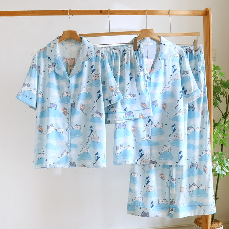 ชุดนอน Muslin Pajamas Silk Satin รุ่น Cloudy Cats (N5170 T5170) | ชุดนอนผู้หญิง