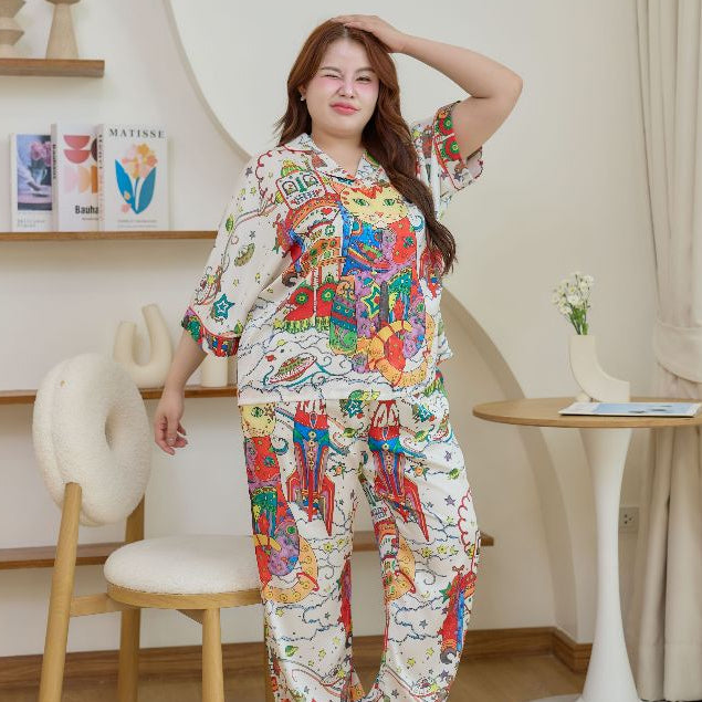 ชุดนอน Muslin Pajamas Silk Satin Rocket cat Fantasy (V2155 W2155) | ชุดนอนชุดเที่ยว, ชุดนอนผู้หญิง