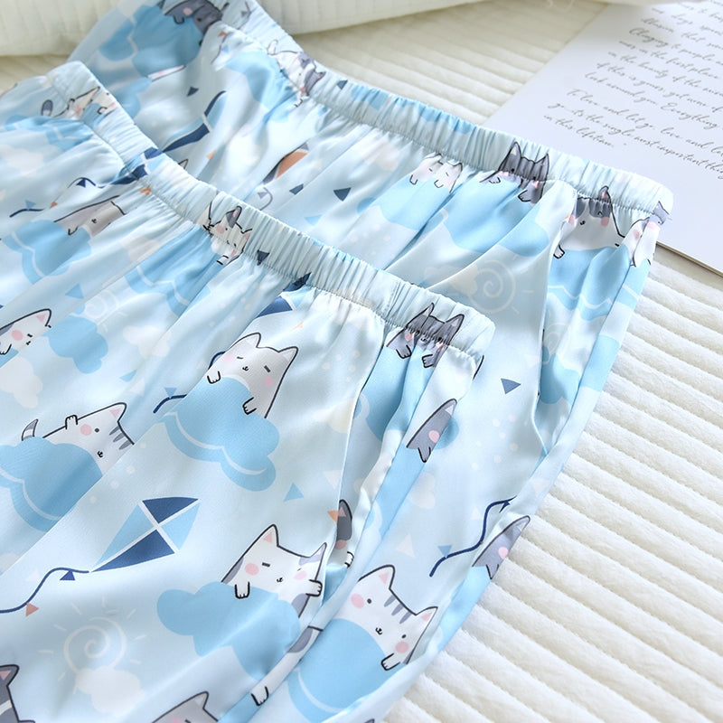 ชุดนอน Muslin Pajamas Silk Satin รุ่น Cloudy Cats (N5170 T5170) | ชุดนอนผู้หญิง