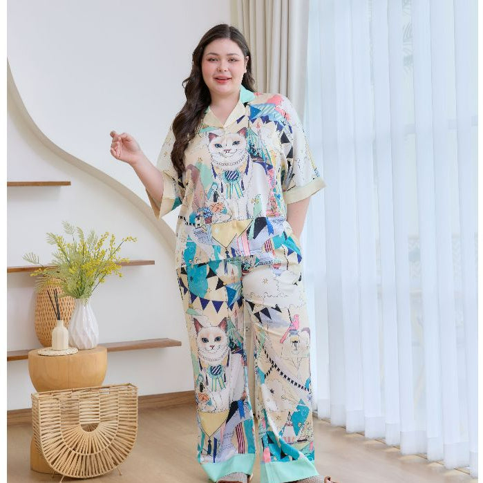 ชุดนอน Muslin Pajamas Silk Satin รุ่น Lunar Cat (W2170 V2170) | ชุดนอนชุดเที่ยว,ชุดนอนผู้หญิง