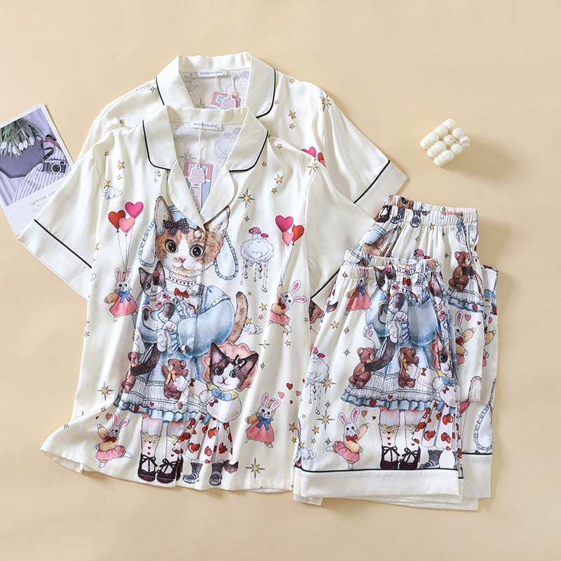ชุดนอน Muslin Pajamas Silk Satin รุ่น Dreamy Kitty (N2197 T2197) | ชุดนอนผู้หญิง