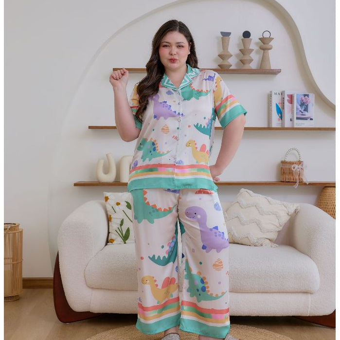 ชุดนอน Muslin Pajamas Silk Satin รุ่น Happy dino Pastel(N5150 T5150 M5150) | ชุดนอนแม่ลูก,ชุดผู้หญิง