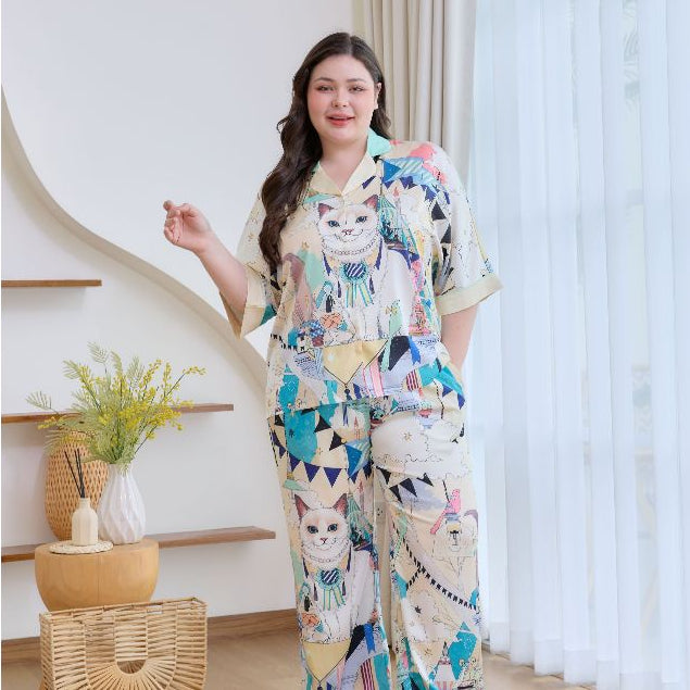 ชุดนอน Muslin Pajamas Silk Satin รุ่น Lunar Cat (W2170 V2170) | ชุดนอนชุดเที่ยว,ชุดนอนผู้หญิง