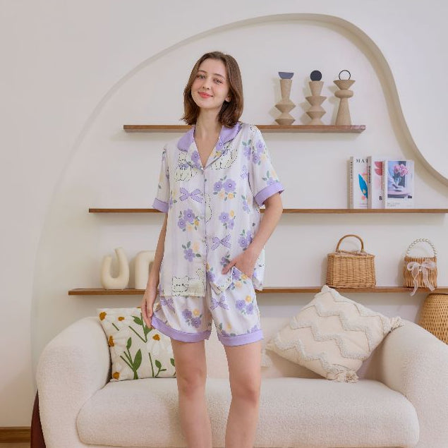 ชุดนอน Muslin Pajamas Silk Satin รุ่น Kitty Lavender (N5161 T5161 K5161) | ชุดนอนผู้หญิง