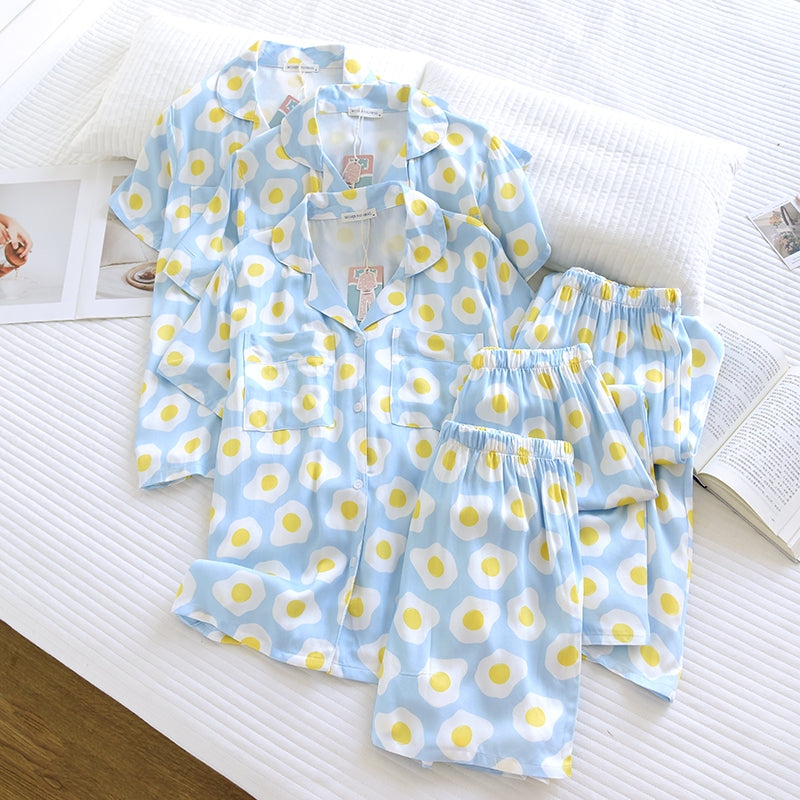 ชุดนอน Muslin Pajamas Organic bamboo รุ่น Blue fried egg (A1061 B1061 E1061) | ชุดนอนผู้หญิง